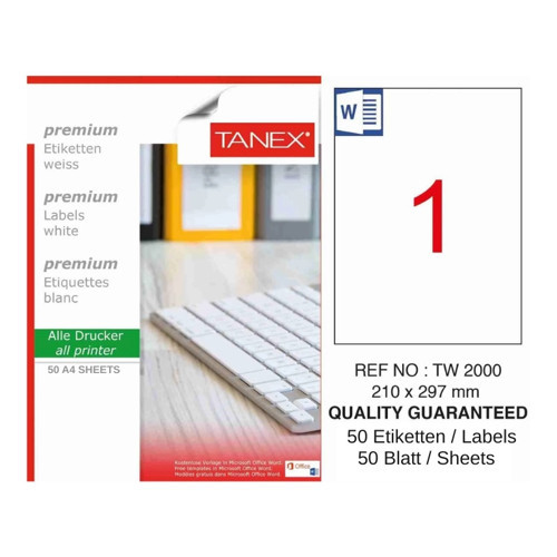 TW-2000 210x297 mm Inkjet / Laser A4 Etiket YETKİLİ SATICI (50 Adet)
