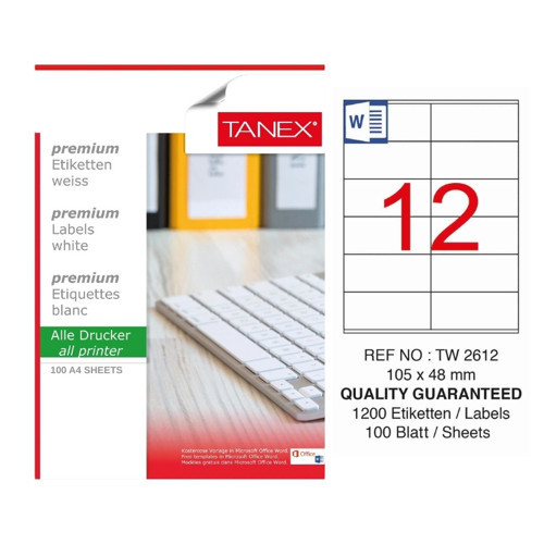 TW-2612 105x48 mm Inkjet / Laser A4 Etiket YETKİLİ SATICI (100 Adet)