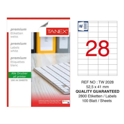 TW-2028 52,5x41 mm Inkjet / Laser A4 Etiket YETKİLİ SATICI (100 Adet)