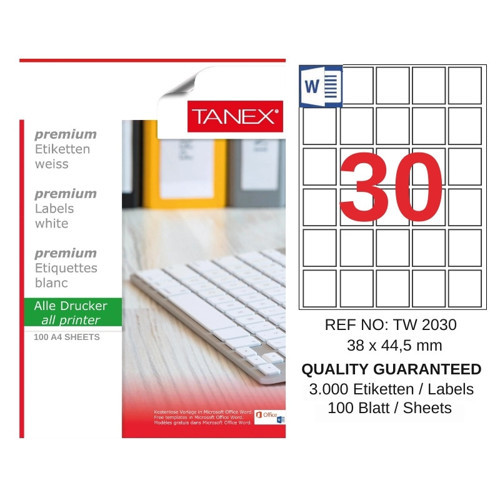 TW-2030 38x44,5 mm Inkjet / Laser A4 Etiket YETKİLİ SATICI (100 Adet)