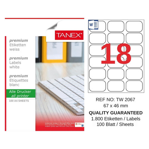 TW-2067 67x46 mm Inkjet / Laser A4 Etiket YETKİLİ SATICI (100 Adet)