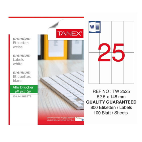 TW-2525 52,5x148,5 mm Inkjet / Laser A4 Etiket YETKİLİ SATICI (100 Adet)