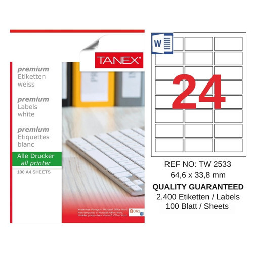 TW-2533 64,6 x 33,8 mm Inkjet / Laser A4 Etiket YETKİLİ SATICI (100 Adet)