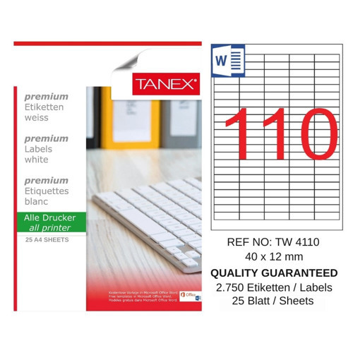 TW-4110 40x12 mm Inkjet / Laser A4 Etiket YETKİLİ SATICI (25 Adet)