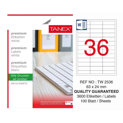 TW-2536 63x24 mm Inkjet / Laser A4 Etiket YETKİLİ SATICI (100 Adet)