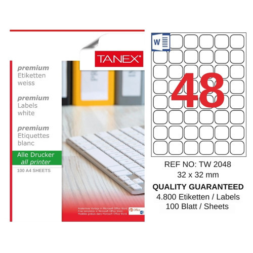 TW-2048 32x32 mm Inkjet / Laser A4 Etiket YETKİLİ SATICI (100 Adet)