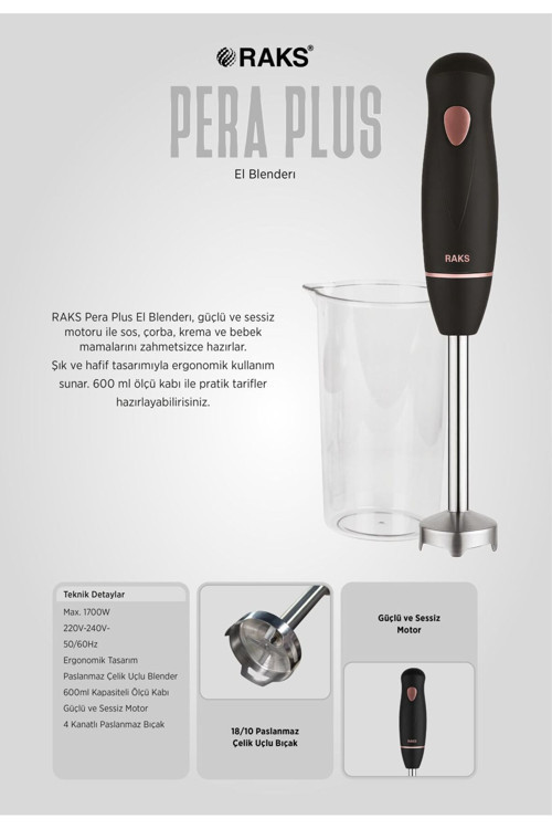 Pera Plus 1700 Watt Paslanmaz 4 Bıçaklı 600 Ml.ölçme Kabı ve Kahvaltı Bıçağı Hediyeli El Blende