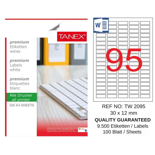 TW-2095 30x12 mm Inkjet / Laser A4 Etiket YETKİLİ SATICI (100 Adet)