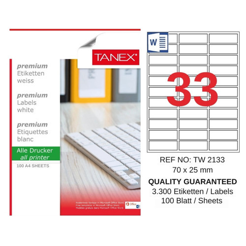 TW-2133 70x25 mm Inkjet / Laser A4 Etiket YETKİLİ SATICI (100 Adet)