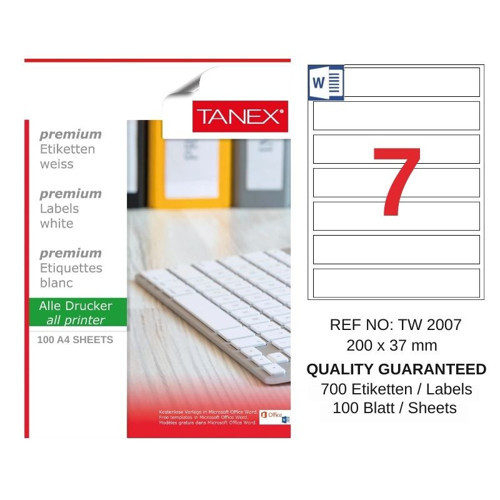 TW-2007 200x37 mm Inkjet / Laser A4 Etiket YETKİLİ SATICI (100 Adet)