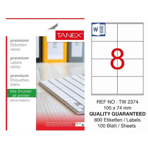 TW-2374 105x74,25 mm Inkjet / Laser A4 Etiket YETKİLİ SATICI (100 Adet)