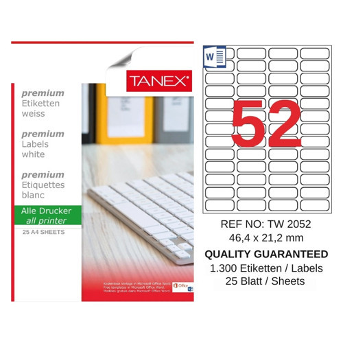 TW-2052 46,4x21,2 mm Inkjet / Laser A4 Etiket YETKİLİ SATICI (25 Adet)