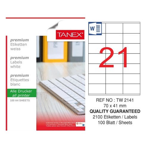TW-2141 70x41 mm Inkjet / Laser A4 Etiket YETKİLİ SATICI (100 Adet)