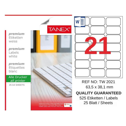TW-2021 63,5x38,1 mm Inkjet / Laser A4 Etiket YETKİLİ SATICI (25 Adet)