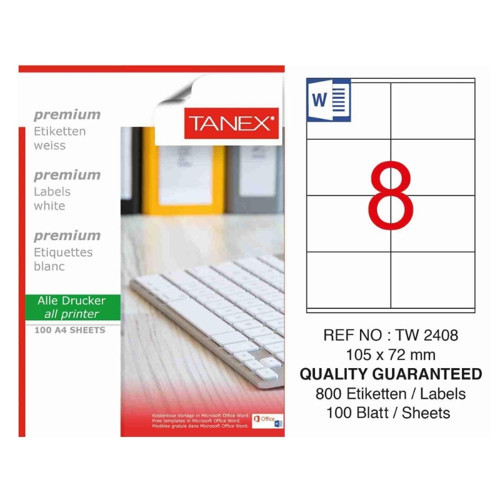 TW-2408 105x72 mm Inkjet / Laser A4 Etiket YETKİLİ SATICI (100 Adet)