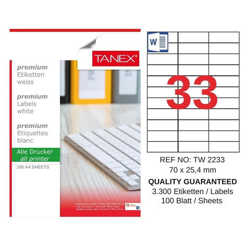 TW-2233 70x25,4 mm Inkjet / Laser A4 Etiket YETKİLİ SATICI (100 Adet)