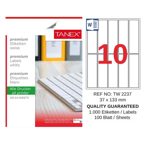 TW-2237 37x133 mm Inkjet / Laser A4 Etiket YETKİLİ SATICI (100 Adet)