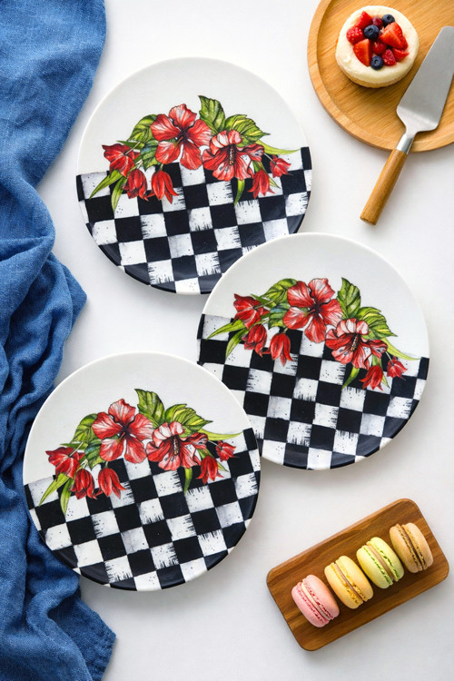 Siyah Beyaz Dama Ve Çiçek Desenli (6 Adet, 20 Cm) Modern Pasta Tatlı Tabağı Seti