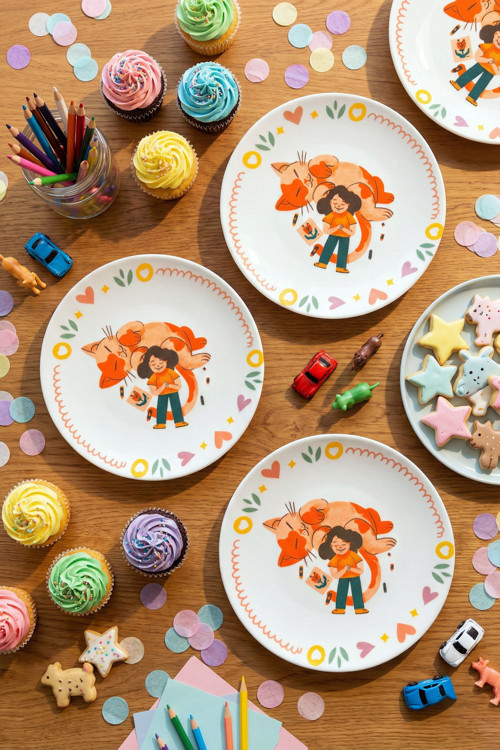Sevimli Kedi & Çocuk Figürlü 6'Lı 20 Cm Çocuk Desenli Pasta Tatlı Tabağı Seti, Çocuk Tabağı