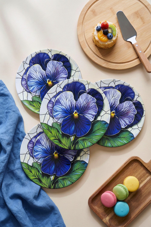 Mor Çiçek Desenli (6 Adet 20 Cm) Pasta Veya Tatlı Tabağı Modern Şık Sunum Tabağı