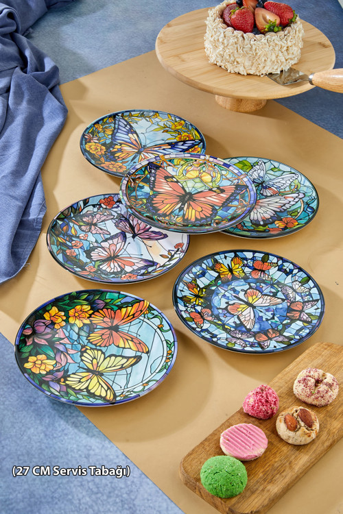 Lüks Kelebek Desenli 6'Lı Servis Tabağı (27 Cm) - Sunum, Dekoratif, Pasta Ve Tatlı Tabakları