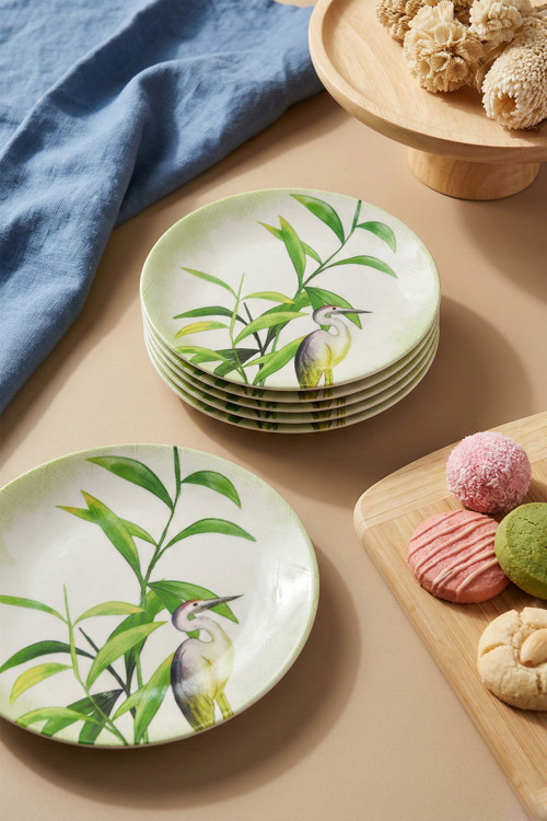 Bambu & Turna Desenli (20 Cm, 6’Lı Set) Pasta Tabağı | Dekoratif Sunum, Pasta, Tatlı Servis Tabağı