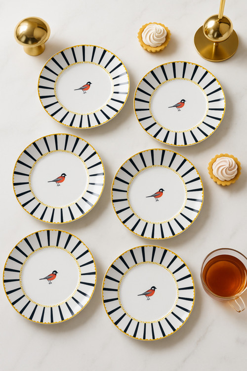 Kuş Desenli Siyah Çizgili 6’Lı Pasta Ve Tatlı Tabağı Seti (20 Cm) Modern Sunum Ve Kahvaltı Tabakları