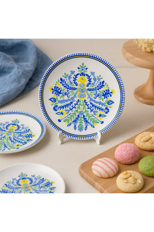 Renkli Desenli 6'Lı Pasta Servis Tabağı (20 Cm) - Şık Çiçekli Pasta Ve Tatlı Tabağı Seti