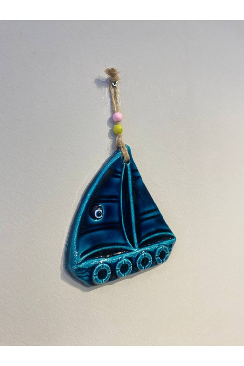 El Yapımı Nazar Boncuklu Turkuaz Renkte Duvar Dekorasyonu Sandal Motifli