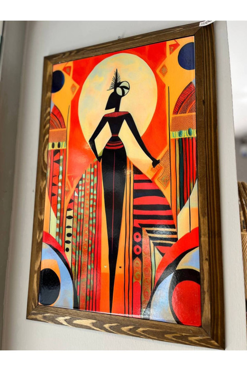 Kadın Desenli Sanatsal Baskılı Ahşap Çerçeveli Seramik Tablo 50Cmx30Cm