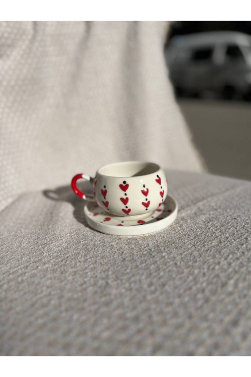 Kalp Desenli Tabaklı Seramik Çay Seti, Kupa, Mug, Double Türk, Filtre Kahvesi