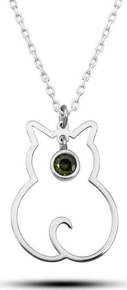 925 Ayar Gümüş Ağustos Ayı Doğum Taşı Kedi Kadın Kolye