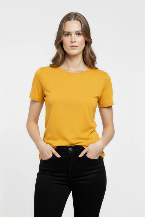 Kadın T-Shirt Bisiklet Yaka Slim Fit Likralı Tişört Günlük Basic Body - Sarı