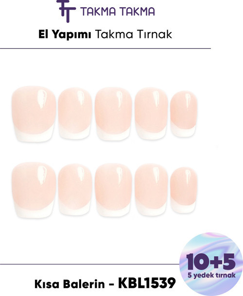 15'li Ten Rengi Kısa Balerin KBLK1539FK Tekrar Kullanılabilir El Yapımı Protez Takma Tırnak Ten Rengi-L