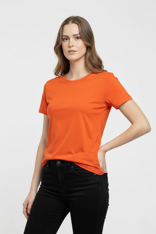 Kadın T-Shirt Bisiklet Yaka Slim Fit Likralı Tişört Günlük Basic Body - Turuncu