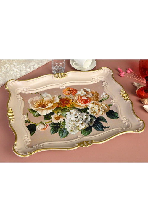 Sultan Çiçek Bahçesi Desenli Servis Tepsisi | 33x42 cm | ZucciHome | Dekoratif Sunum Tepsisi - Açık Kahverengi