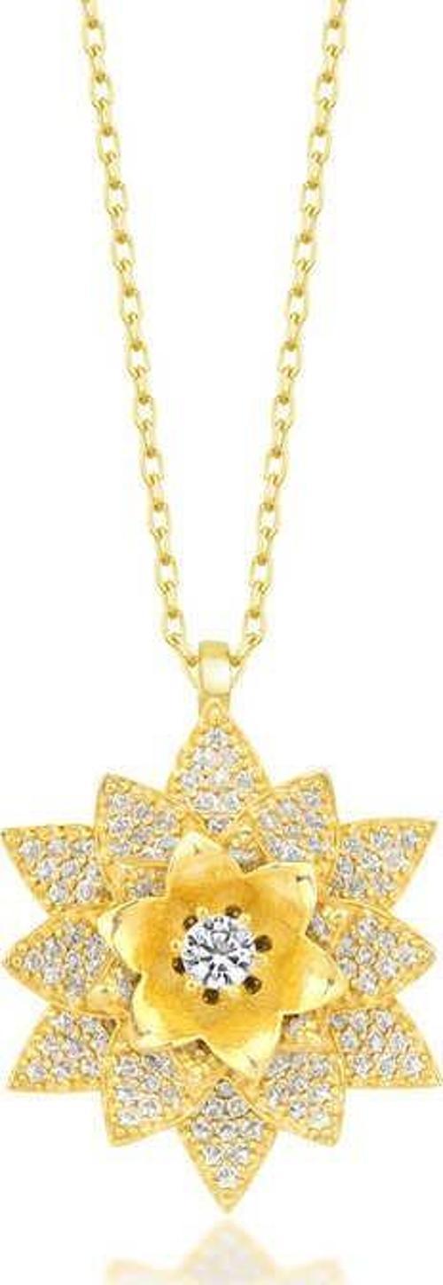 925 Ayar Gümüş Gold Beyaz Taşlı Lotus Çiçeği Kadın Kolye
