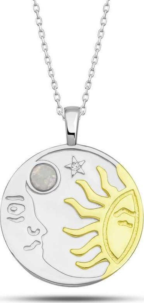 925 Ayar Gümüş Opal Beyaz Taşlı Ay Güneş Kadın Kolye