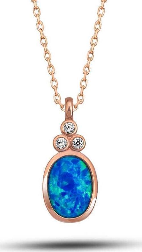 925 Ayar Gümüş Rose Mavi Opal Taşlı Ananas Kadın Kolye