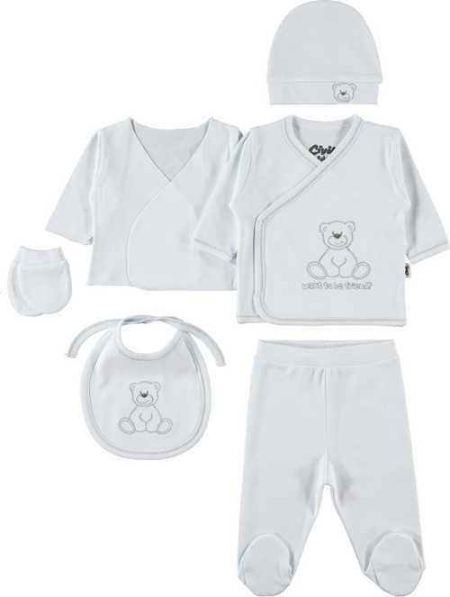 Oturan Ayıcık Nakış 6'lı Unisex Zıbın Takımı - Beyaz 0-1 Ay