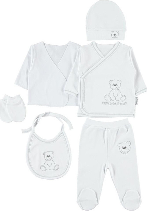 Oturan Ayıcık Nakış 6'lı Unisex Zıbın Takımı - Beyaz Standart