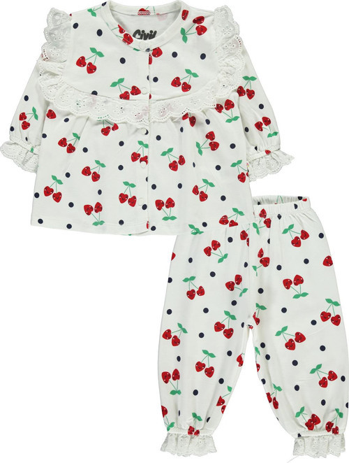 Puanlı Kiraz Emprime Fistolu Kız 6-18 Ay Pijama Takımı - Ekru 18-24 Ay