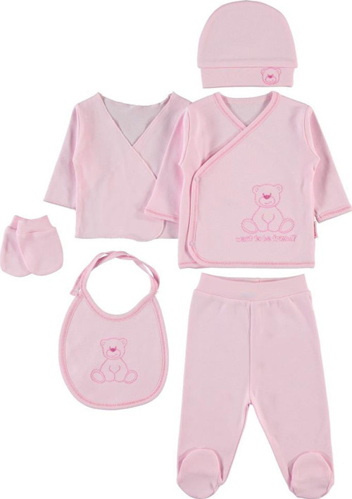 Oturan Ayıcık Nakış 6'lı Unisex Zıbın Takımı - Pembe 0-1 Ay