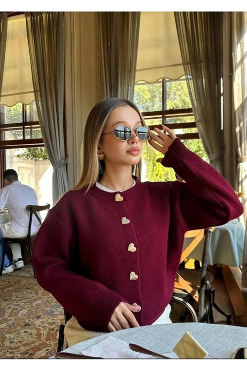 Kalp Düğme Detaylı Bordo Triko Hırka