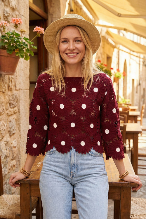 Tığ İşleme Dantel Çiçek Desenli Bluz