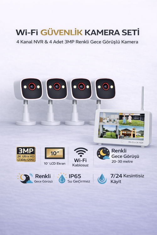 BSM400 4 Kanal Nvr + 3Mp 4 Kamera Full Color Mik. + 10" Lcd Wifi Set