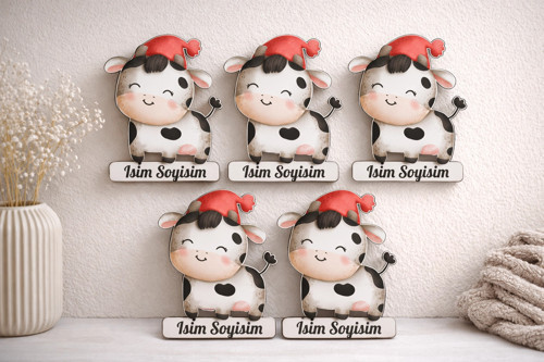 Kişiye Özel Sevimli İnek Magnet – 5x5 cm MDF İsimlik