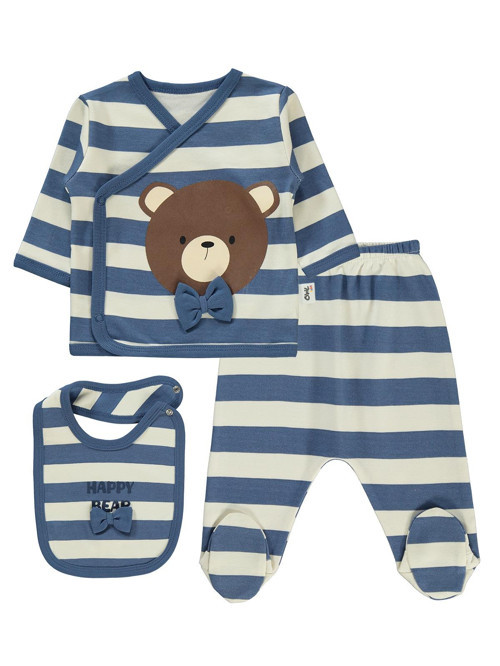 Happy Bear Çizgili Zıbın Takımları - Mavi 0-1 Ay