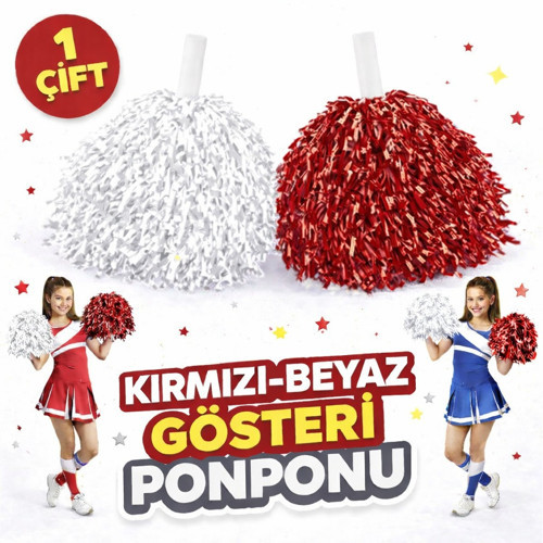 1 Çift ( 2 Adet ) Kırmızı-Beyaz Renk 23 Nisan 19 Mayıs 29 Ekim Okul Gösteri Ponpon