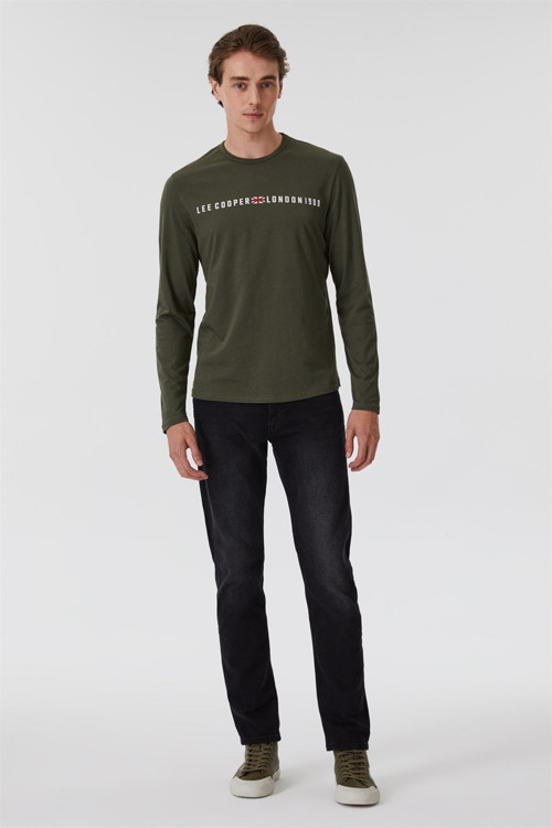 Jason Erkek %100 Pamuk Bisiklet Yaka Uzun Kol T-Shirt Haki